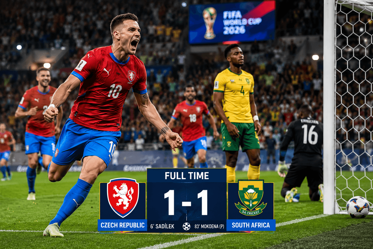 เช็กเกียพลาดสามแต้ม! แอฟริกาใต้ฮึดตีเสมอท้ายเกม 1-1 ศึกฟุตบอลโลก 2026